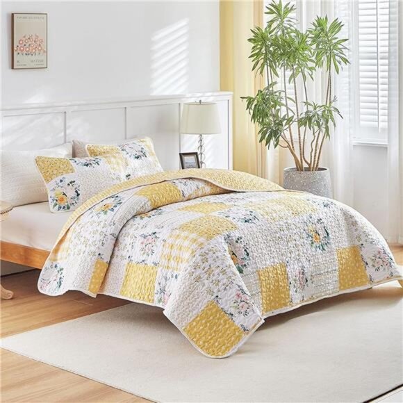 3 Pieces Floral Patchwork Quilt Set Queen, Yellow n White Flowers - Picture 2 of 8